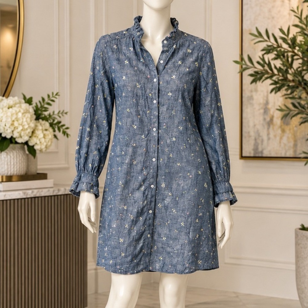 Brooks Brothers Womens Dress Blue Floral Ruffle Neck Cotton Size 12
